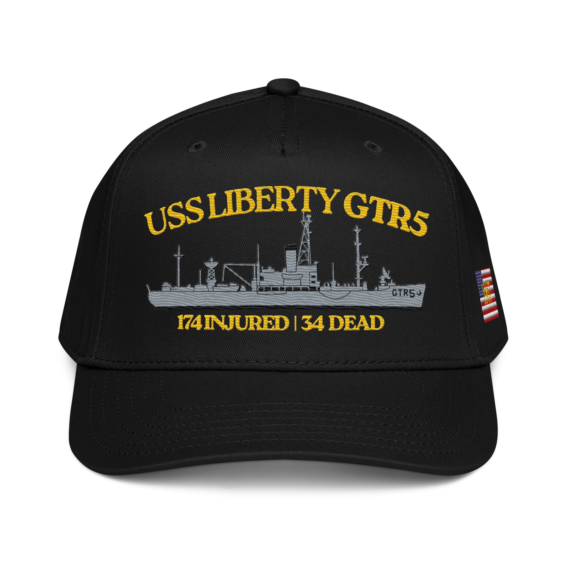 Black cap with USS Liberty GTS5 design on a white background