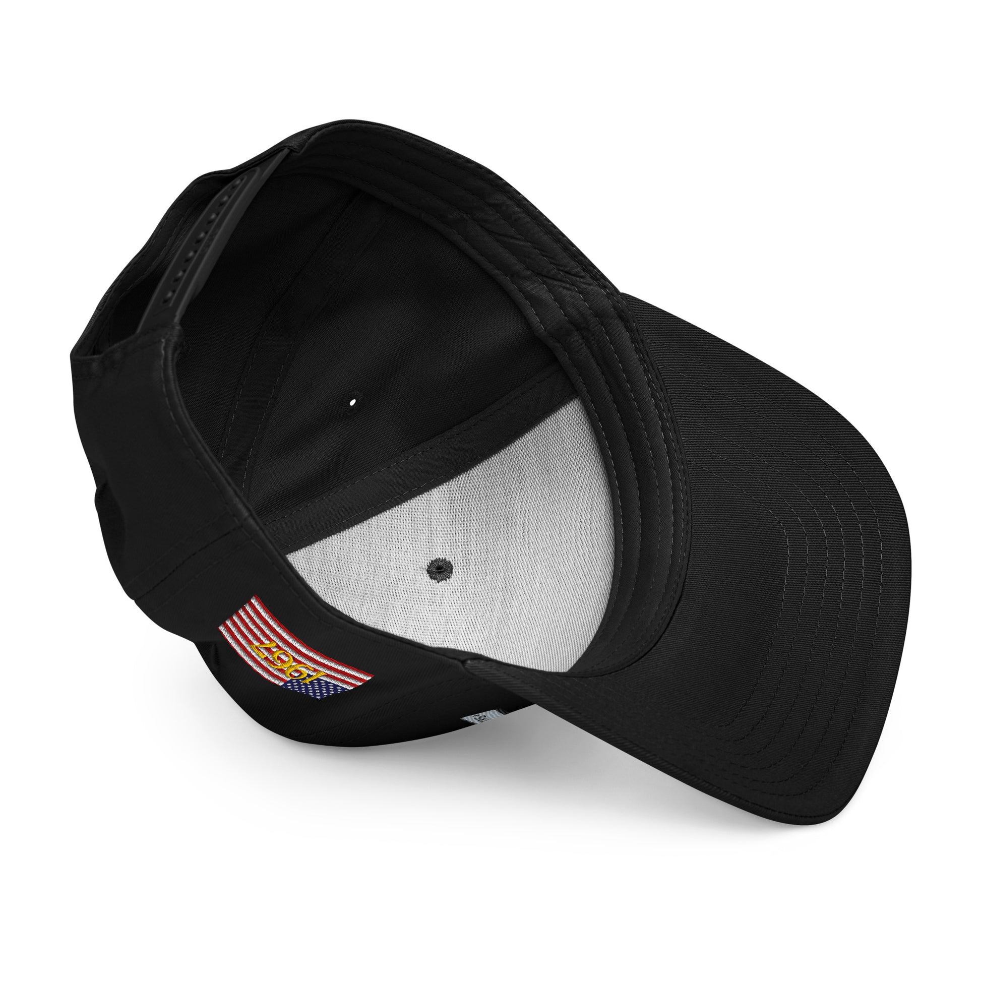Product mockup isometric view of USS Liberty Hat Upside down showing the inside