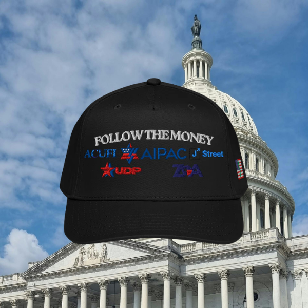 Black cap with text and logos in front of the U.S. Capitol building