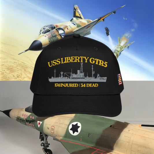 Black cap with 'USS Liberty GTRs' text and ship illustration, with Dassult Mirage III fighter jets in the background. The same ones that helped sink the USS Liberty